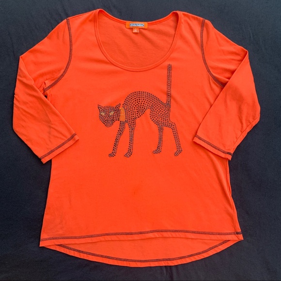 🤩3/$20 LIKE NEW Holiday Traditions Orange Halloween Black Cat TShirt Top Large - Picture 6 of 11